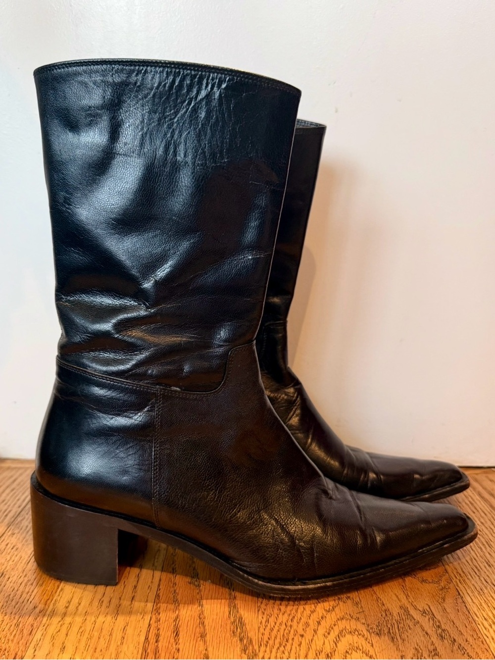 OXMOX Italy Women's Leather Black Boots Hand Made Mid Calf US 7 Vintage 90s